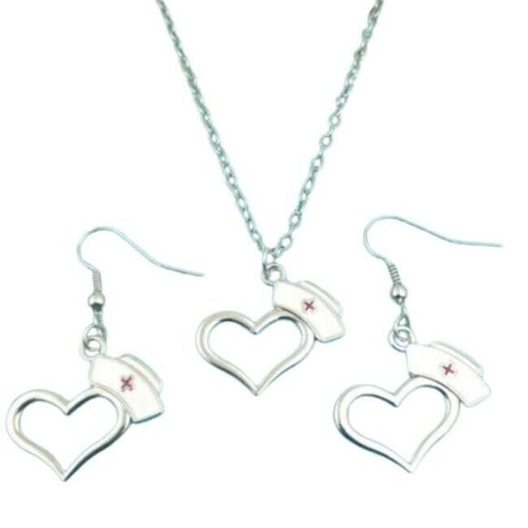 NEW Nurses Have Heart Necklace Earrings SET Red Cross Stethoscope Silver Chain - Picture 1 of 5